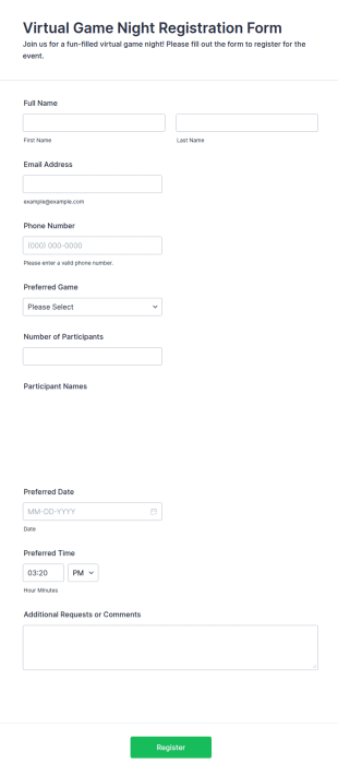 Virtual Game Night Registration Form Template