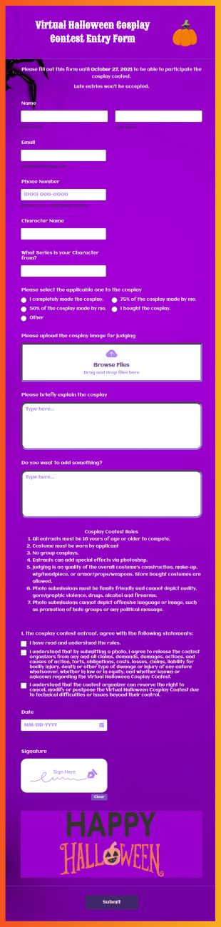 Virtual Halloween Cosplay Contest Entry Form Template