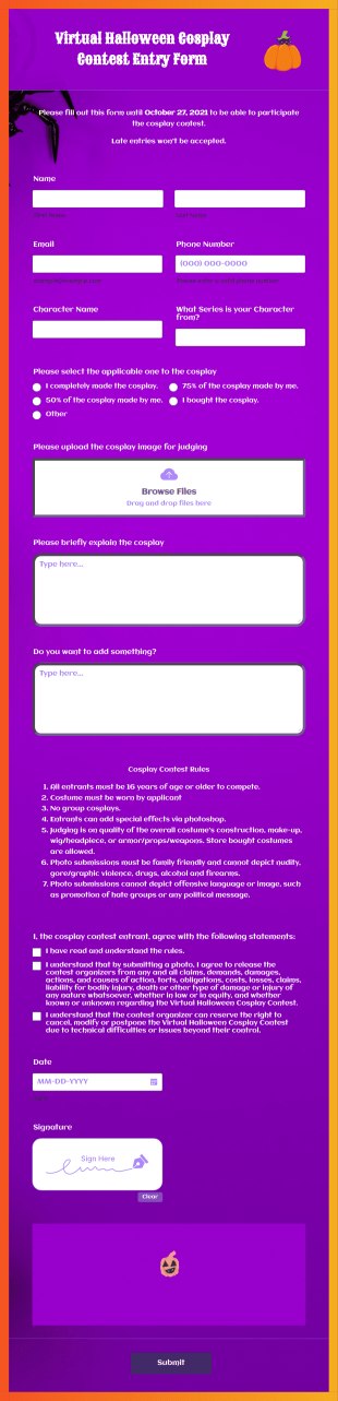 Virtual Halloween Cosplay Contest Entry Form Template