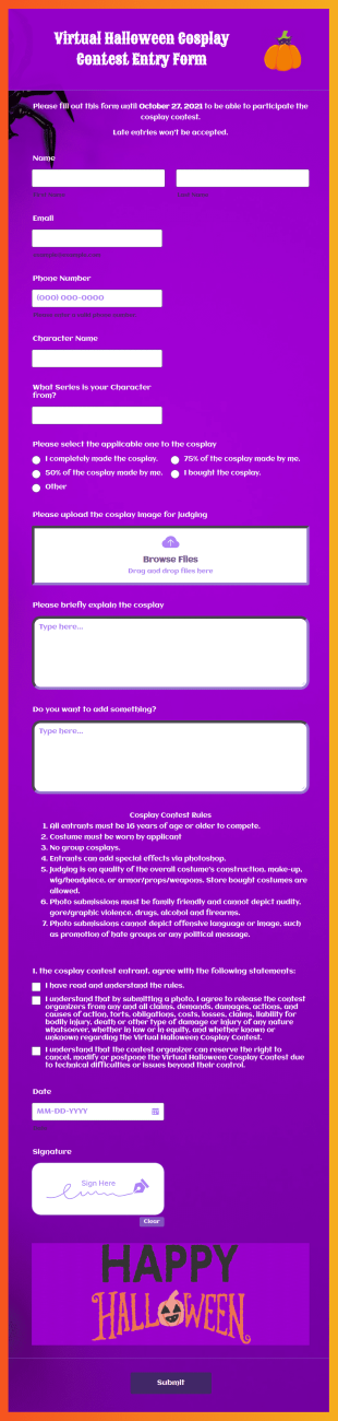 Virtual Halloween Cosplay Contest Entry Form Template