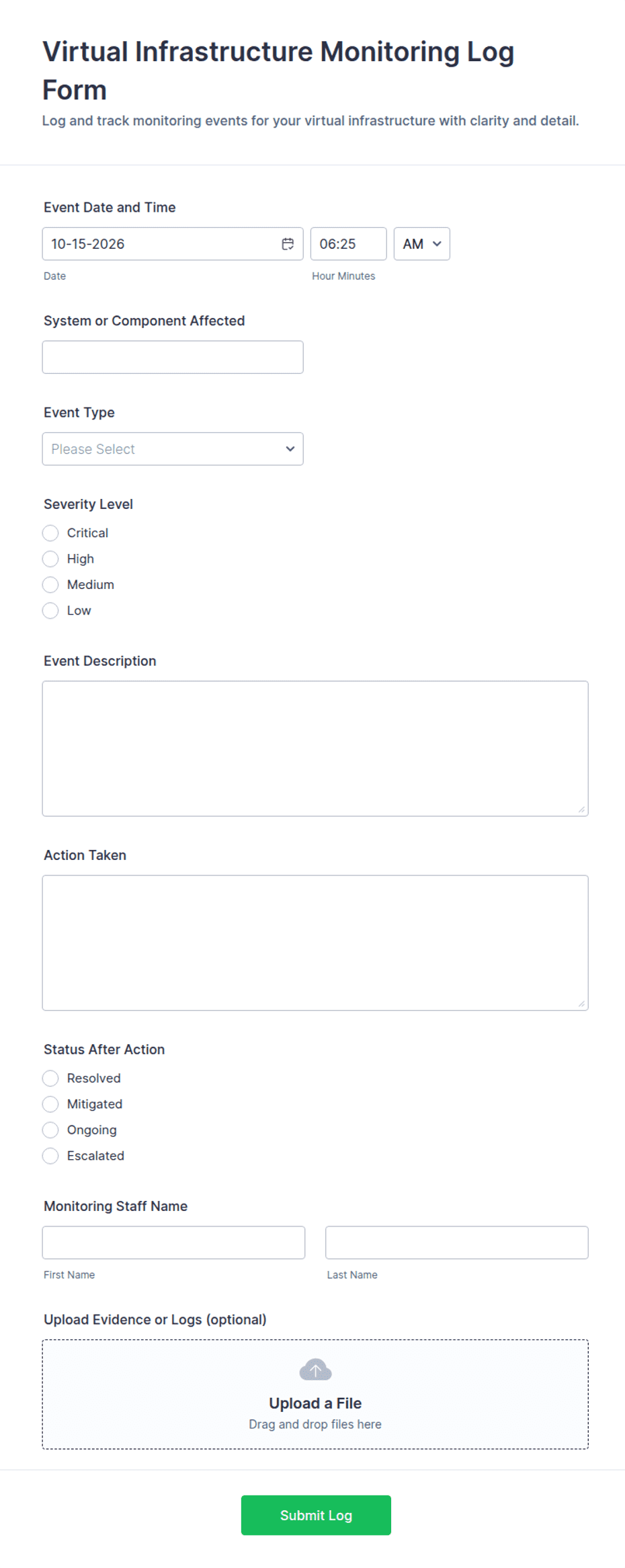 Virtual Infrastructure Monitoring Log Form Template | Jotform