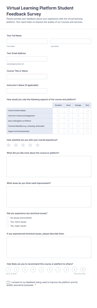 Virtual Learning Platform Student Feedback Survey Form Template