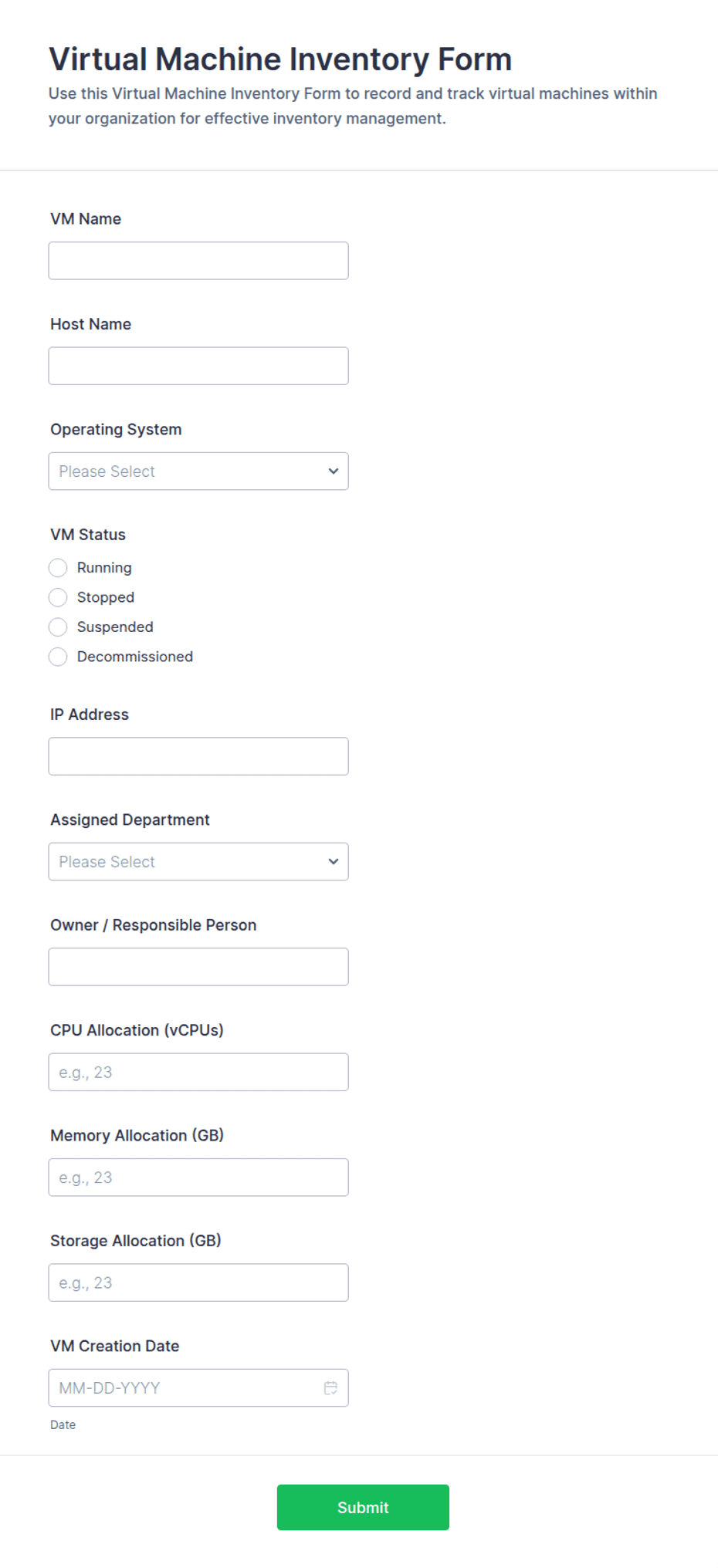 Virtual Machine Inventory Form Template | Jotform