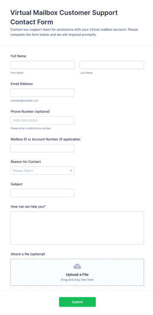 Virtual Mailbox Customer Support Contact Form Template