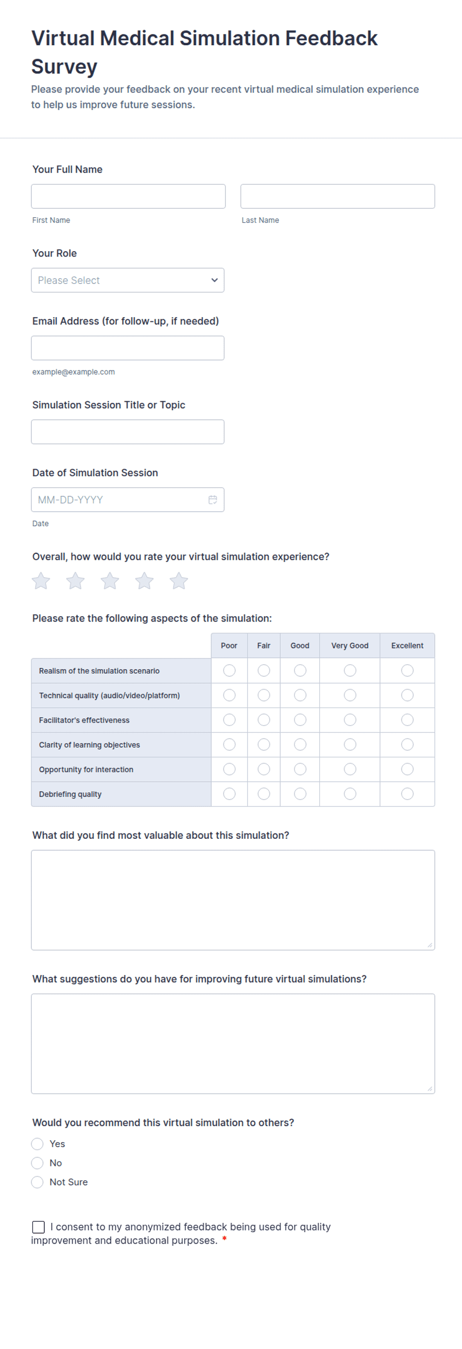 Simulation Evaluation Form Example Virtual Medical Simulation Feedback Survey Form Template | Jotform
