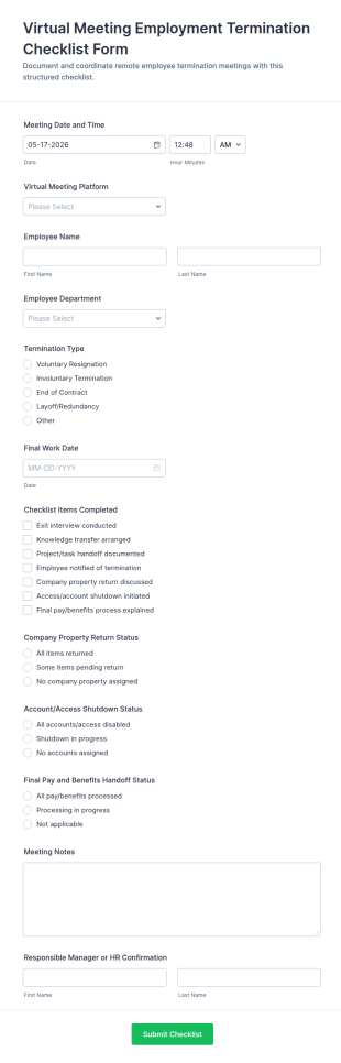 Virtual Meeting Employment Termination Checklist Form Template