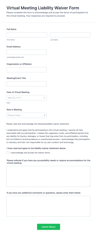 Virtual Meeting Liability Waiver Form Template