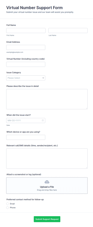 Virtual Number Support Form Template