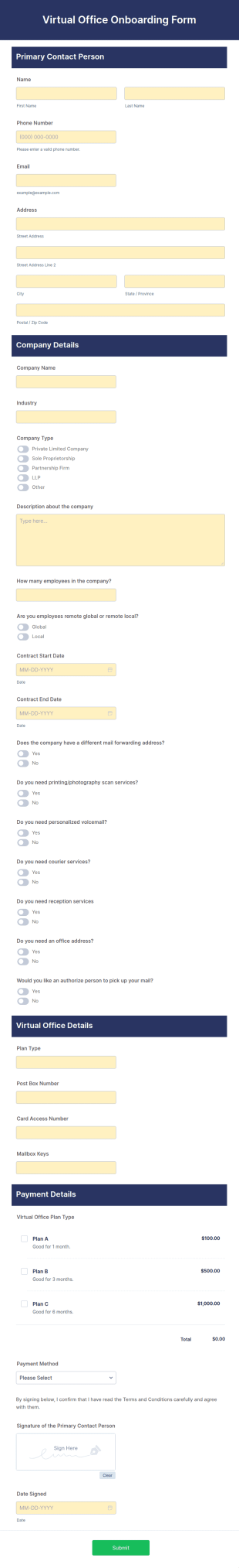 Virtual Office Onboarding Form Template