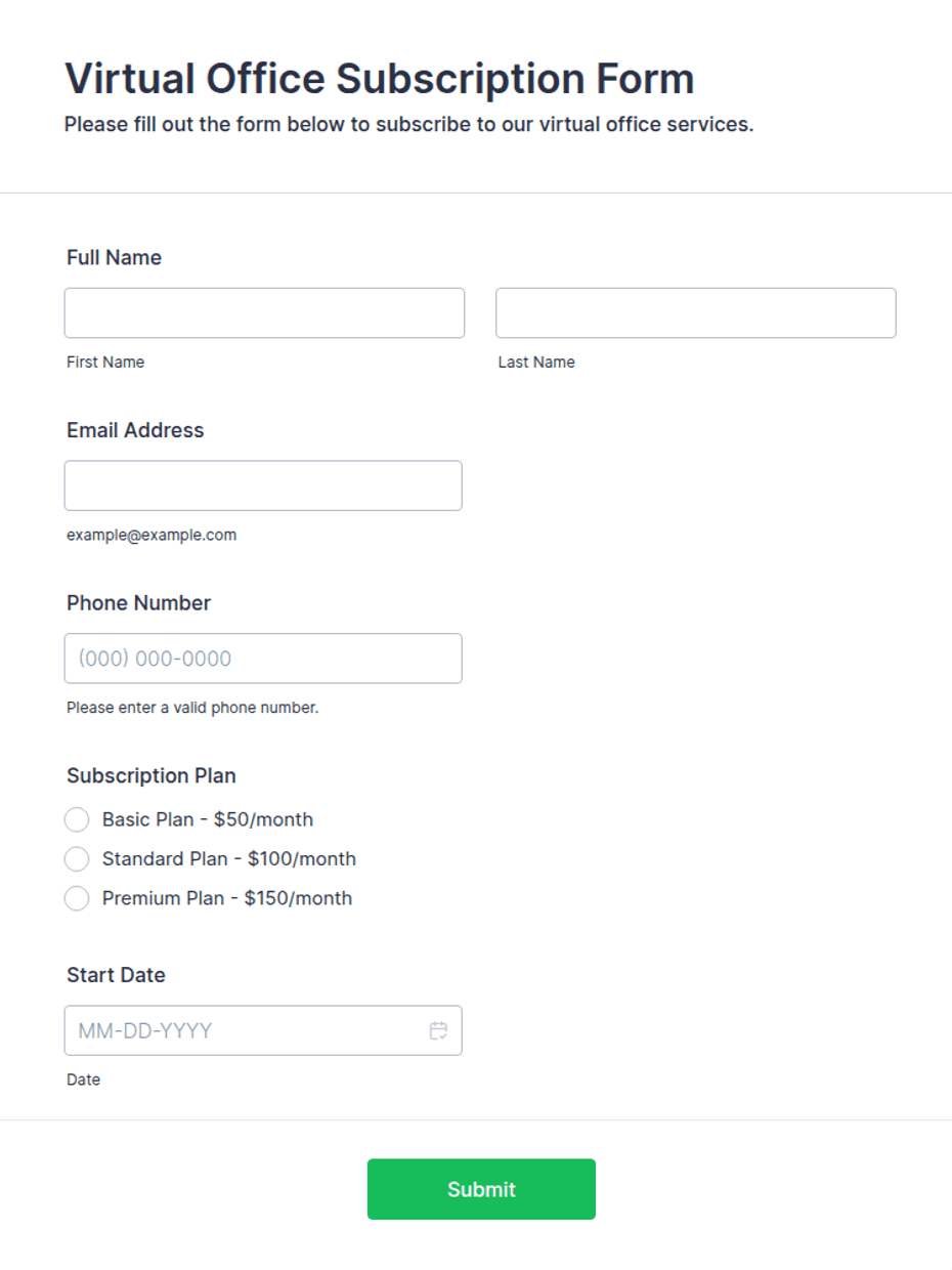 Virtual Office Subscription Form Template | Jotform