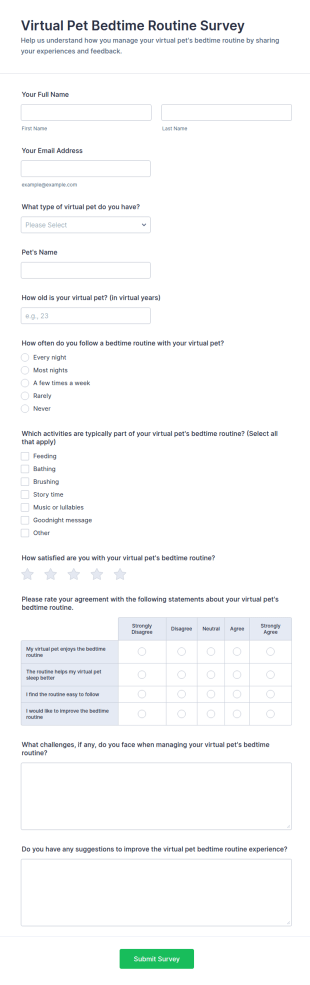 Virtual Pet Bedtime Routine Survey Form Template