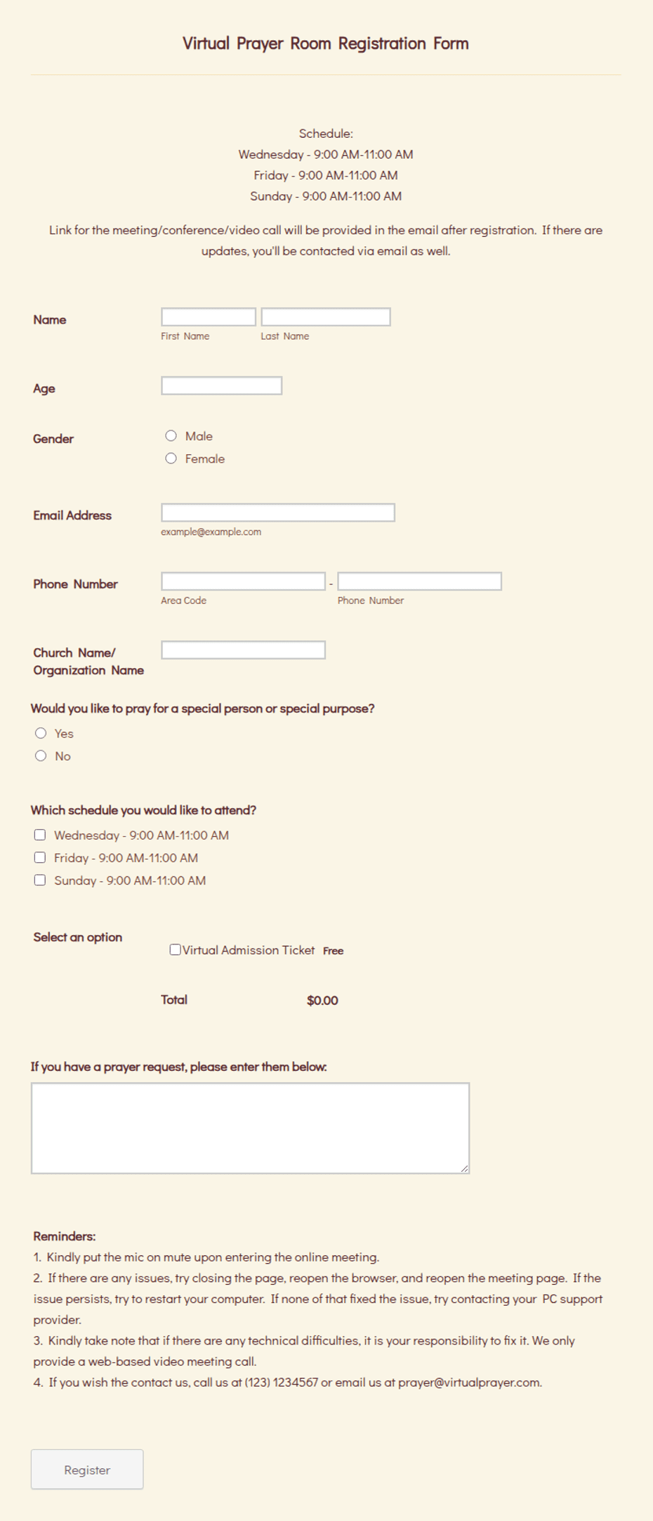 Virtual Prayer Room Registration Form Template | Jotform