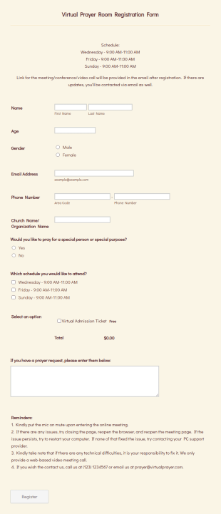 Virtual Prayer Room Registration Form Template