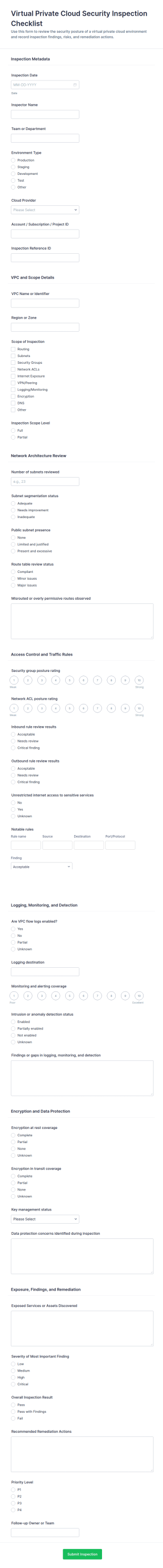Virtual Private Cloud Security Inspection Checklist Form Template