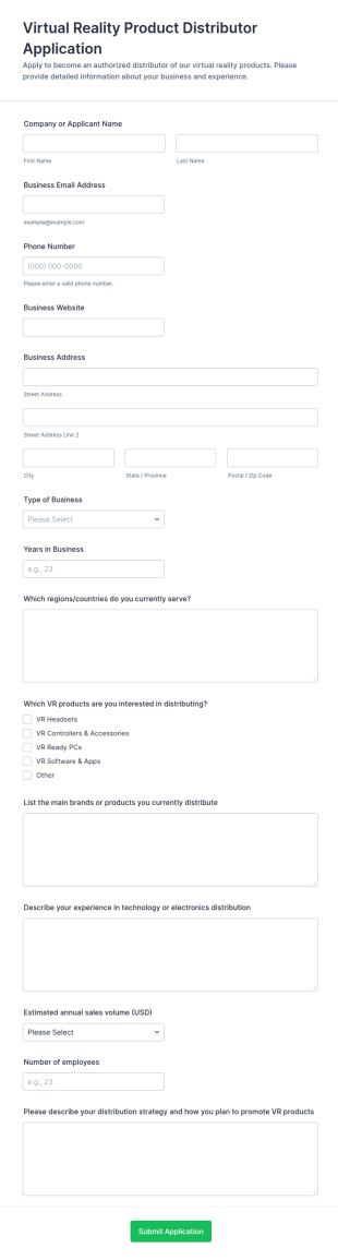 Virtual Reality Product Distributor Application Form Template