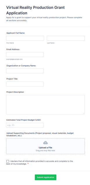 Virtual Reality Production Grant Application Form Template