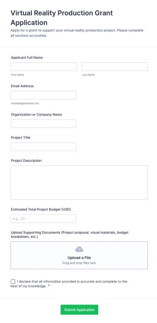 Virtual Reality Production Grant Application Form Template