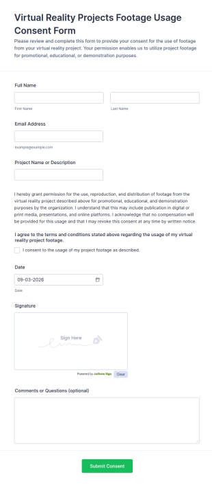 Virtual Reality Projects Footage Usage Consent Form Template