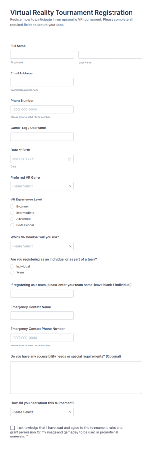 Virtual Reality Tournament Registration Form Template