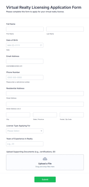Virtual Realty Licensing Application Form Template