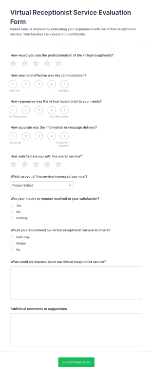 Virtual Receptionist Service Evaluation Form Template