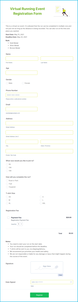 Virtual Running Event Registration Form Template