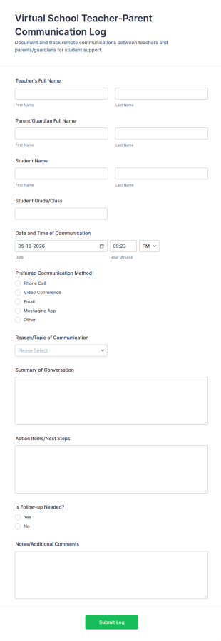 Virtual School Teacher Parent Communication Log Form Template