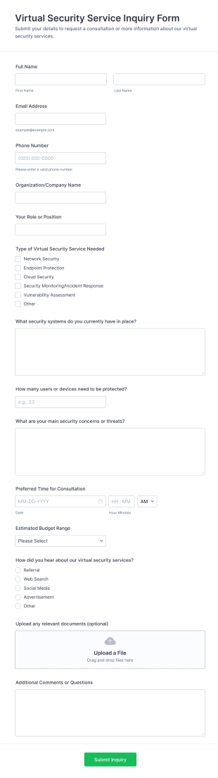 Virtual Security Service Inquiry Form Template