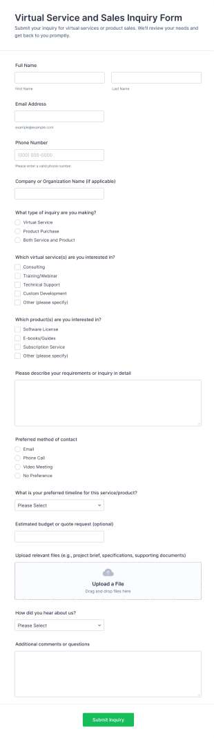 Virtual Service And Sales Inquiry Form Template
