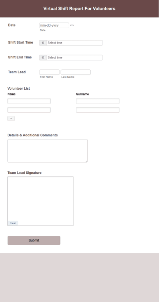Virtual Shift Report For Volunteers Form Template