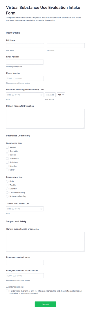 Virtual Substance Use Evaluation Intake Form Template