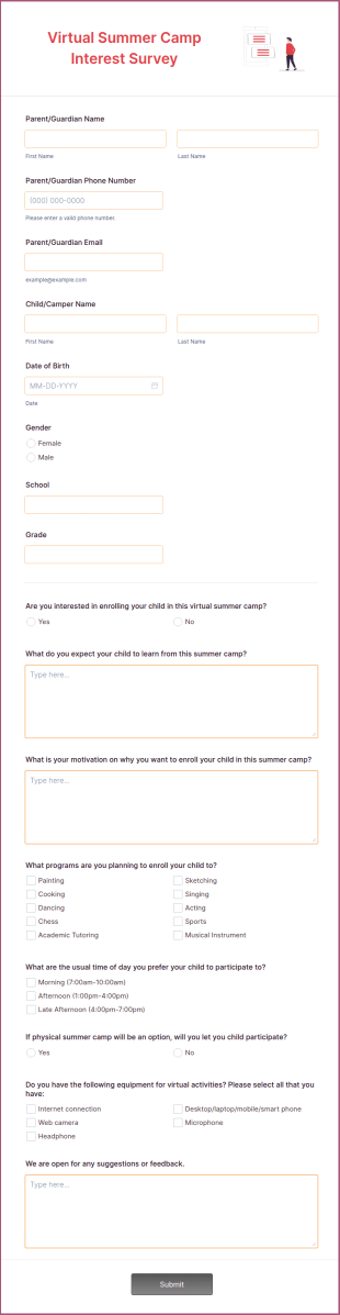 Virtual Summer Camp Interest Survey Form Template
