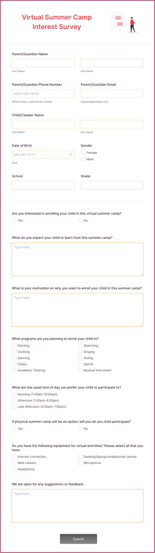 Virtual Summer Camp Interest Survey Form Template