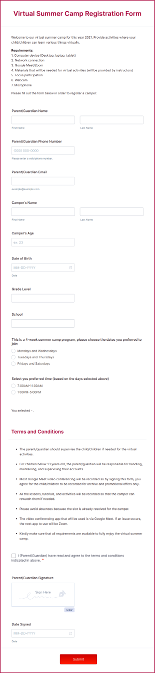 Virtual Summer Camp Registration Form Template