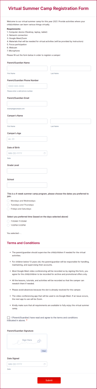Virtual Summer Camp Registration Form Template