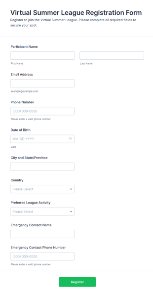 Virtual Summer League Registration Form Template