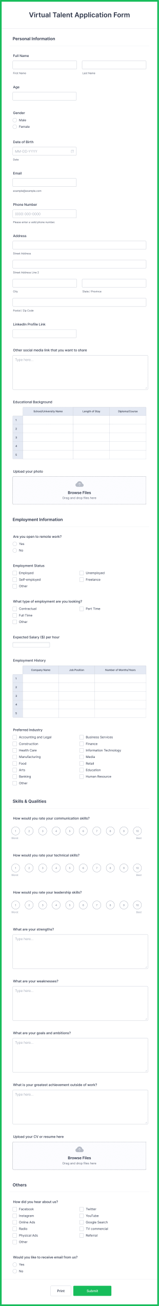 Virtual Talent Application Form Template