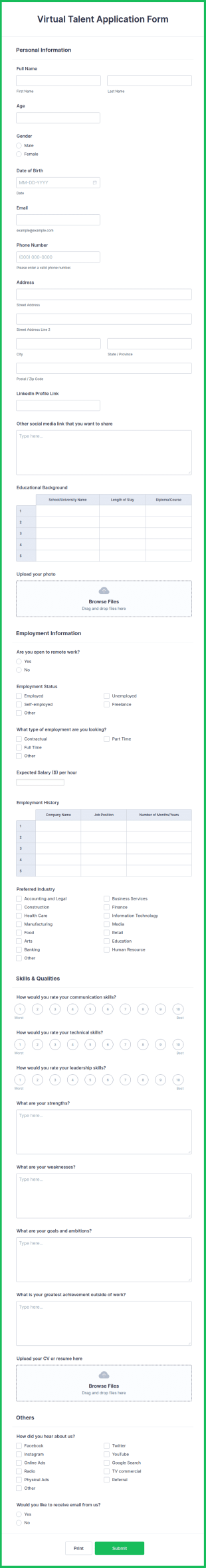 Virtual Talent Application Form Template