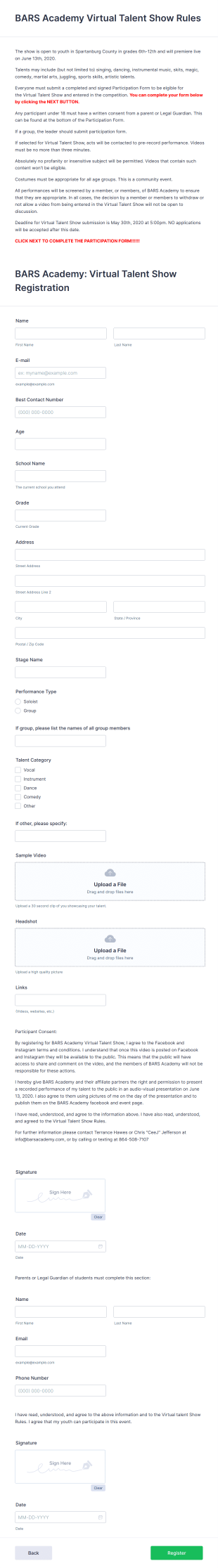 Virtual Talent Registration Form Template
