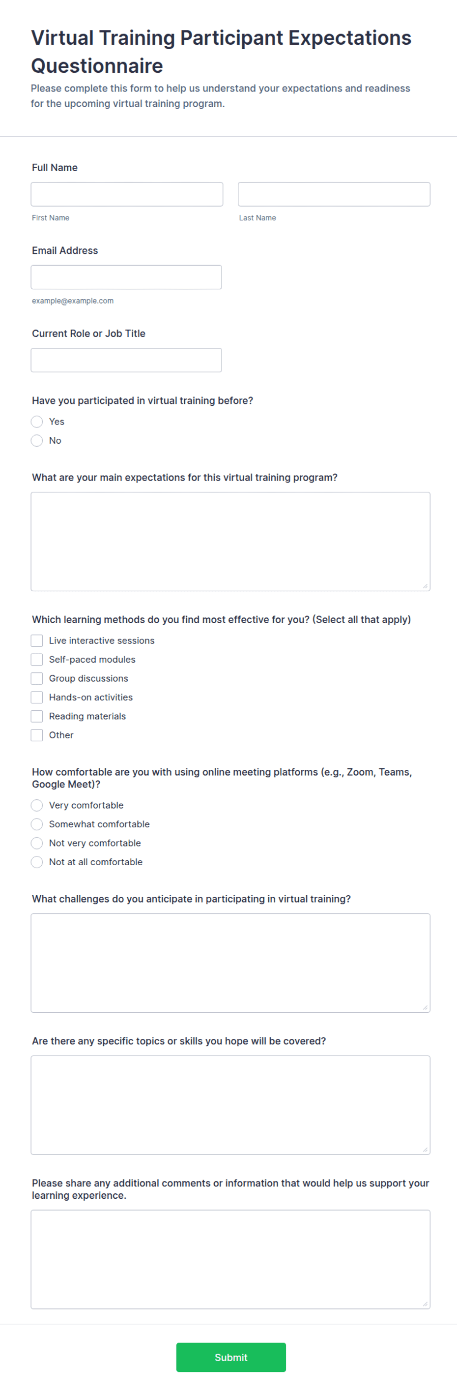 Virtual Training Participant Expectations Questionnaire Form Template ...