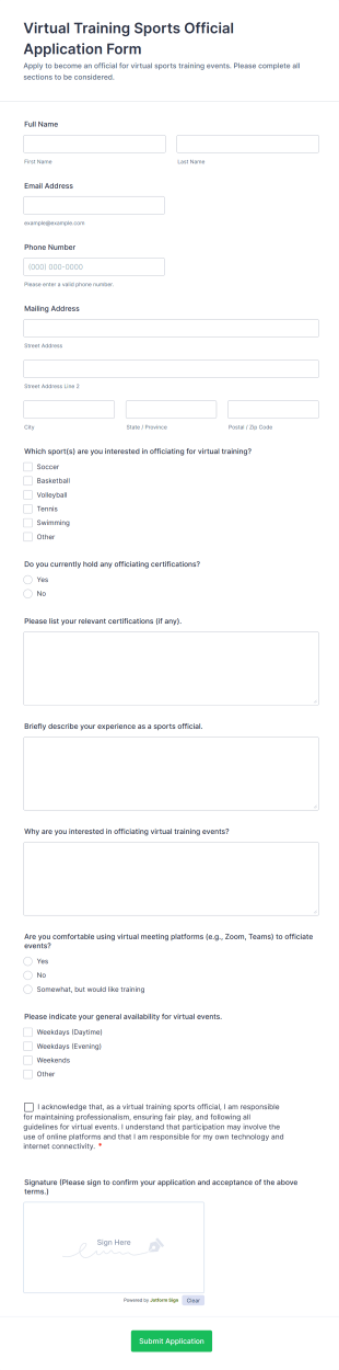 Virtual Training Sports Official Application Form Template