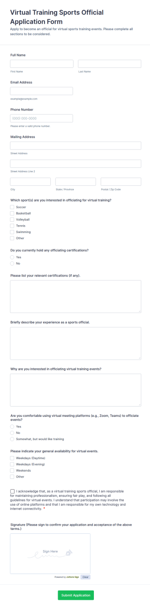 Virtual Training Sports Official Application Form Template