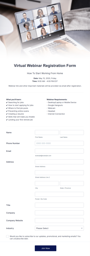 Virtual Webinar Registration Form Template