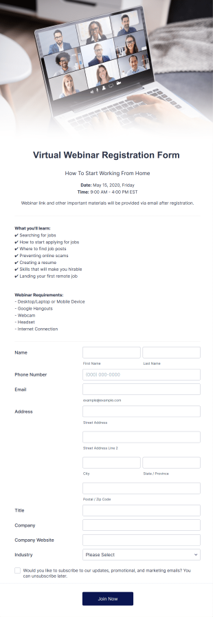 Virtual Webinar Registration Form Template