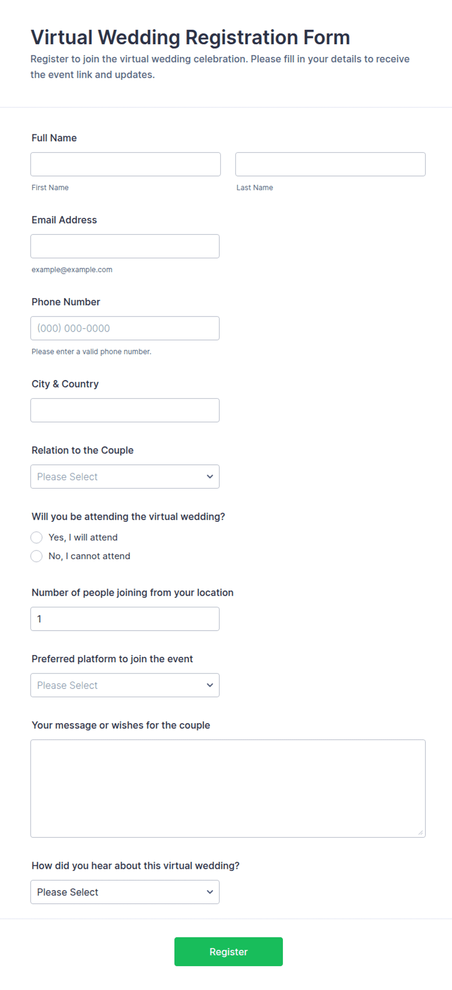 Virtual Wedding Registration Form Template | Jotform