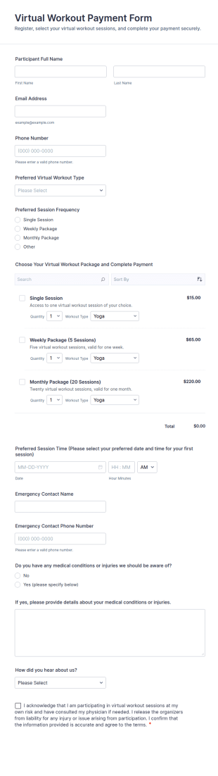 Virtual Workout Payment Form Template
