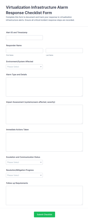 Virtualization Infrastructure Alarm Response Checklist Form Template