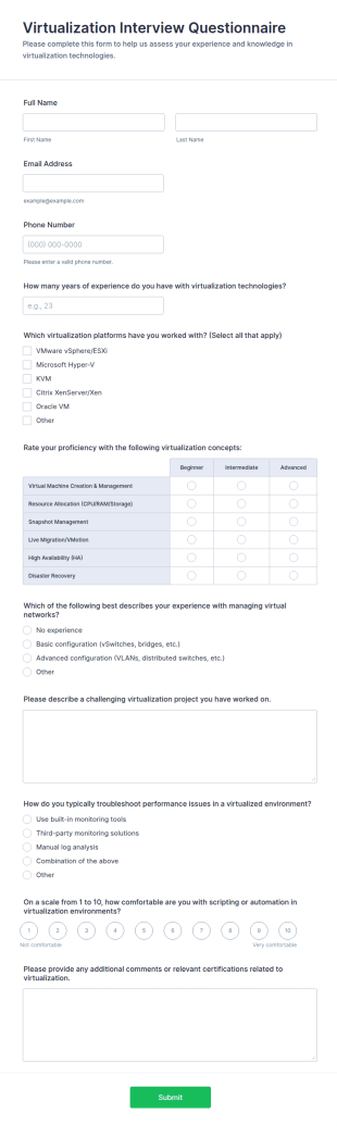 Virtualization Interview Questionnaire Form Template