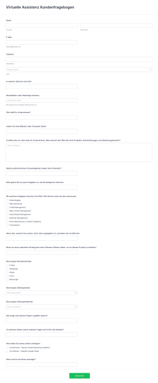 Virtuelle Assistenz Kundenfragebogen Form Template