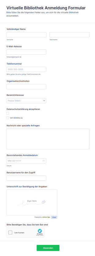 Virtuelle Bibliothek Anmeldung Formular
